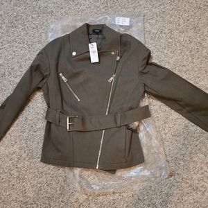 Express Green Utility Jacket with Belted Waist and Asymmetrical Zipper